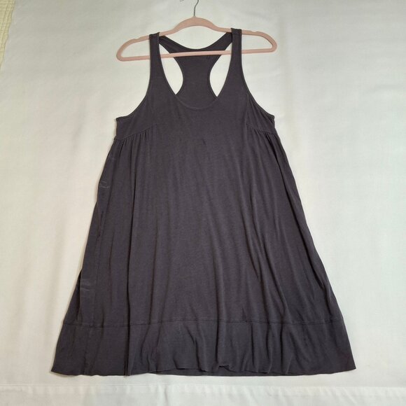 Babydoll Racerback Knit Mini Dress Size M Dusty Blue Grey Gathered Stretch - Picture 4 of 14